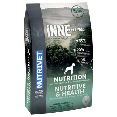 Sac de croquettes NUTRIVET INNE PET FOOD, pour chien adulte 2 à 7 ans, 80 % ingrédients d’origine animale, 20 % fruits/légumes/plantes, 0 % céréales ajoutées, activité normale.