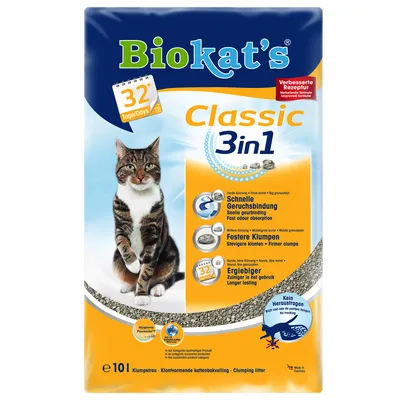 Biokat's Classic 3in1 stelivo pro kočky, 32 Tage/Days, e10l. Text: Schnelle Geruchsbindung, Festere Klumpen, Ergiebiger, Kein Heraustragen. Obrázek kočky a granulek.