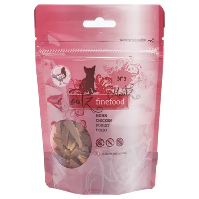 Confezione catz finefood Meat N°3 pollo, 95 %, Huhn, Chicken, Poulet, Pollo, simboli di ingredienti esclusi, Made in Switzerland, finestra trasparente con strisce di carne visibili.