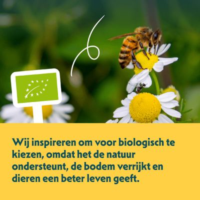 EU-bio-logo. Tekst: Wij inspireren tot de keuze voor bio, omdat het de natuur ondersteunt, de bodem verrijkt en dieren een beter leven geeft.