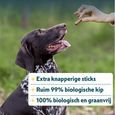 Extra krokante sticks, meer dan 99% bio-kip, 100% biologisch en graanvrij.