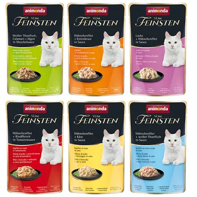 Animonda Vom Feinsten krmivo pre mačky. Príchute: biely tuniak, kuracie filety a kačacie prsia, losos a kuracie filety, kuracie filety a hovädzie, kuracie filety a syr, kuracie filety a biely tuniak.