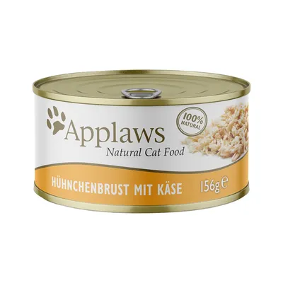 Konzerva Applaws Natural Cat Food, 100% Natural, HÜHNCHENBRUST MIT KÄSE, 156 g. Text v nemčine.