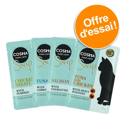 Cosma Pure Love Soup, sachets de 40 g : Chicken Breast with Pumpkin, Tuna with Carrots, Salmon with Courgettes, Tuna and Chicken with Sweet Potatoes. Offre d’essai visible.