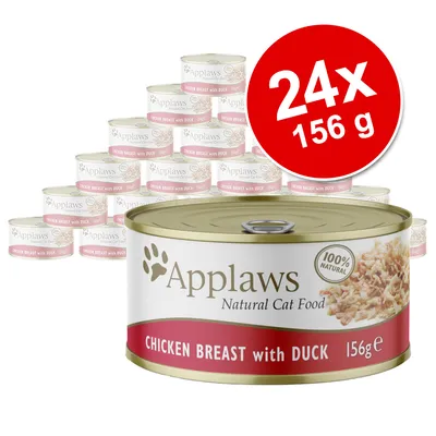 Applaws Natural Cat Food, CHICKEN BREAST with DUCK, 156 g per blik, verpakking van 24 stuks, 100% natural staat op het etiket.