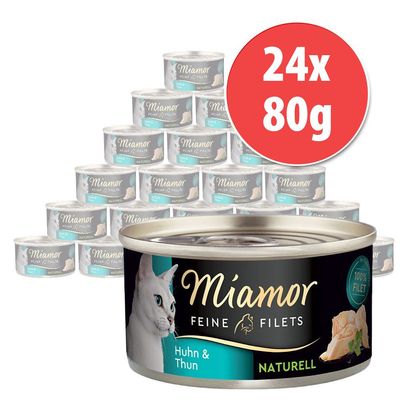 24 lattine da 80 g di Miamor Feine Filets Naturell Huhn & Thun, confezione visibile con etichetta e immagine di un gatto sulla scatoletta.