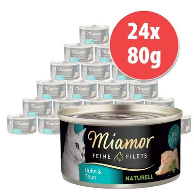 24 lattine da 80 g di Miamor Feine Filets Naturell Huhn & Thun, confezione visibile con etichetta e immagine di un gatto sulla scatoletta.