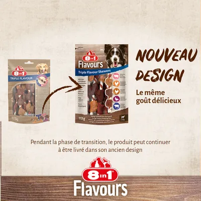 8in1 Flavours Triple Flavour Skewers 113g, ancien et nouveau design d’emballage. Texte : Nouveau design, le même goût délicieux. Pendant la phase de transition, livraison possible en ancien design.