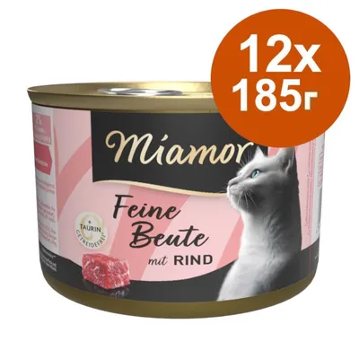 Консерва Miamor Feine Beute mit Rind за котки, 12×185 г. Видими надписи: +Taurin, Getreidefrei. Изображение на бяла котка и парче месо върху опаковката.