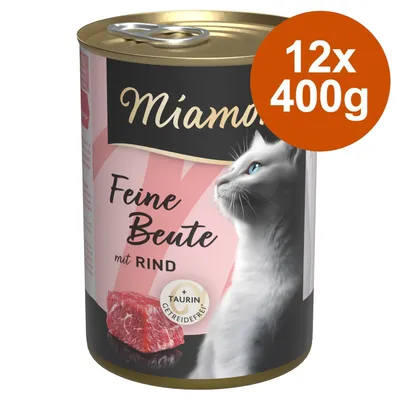 Miamor Feine Beute mit Rind, getreidefrei, mit Taurin. Packungsgrösse: 12x400g.