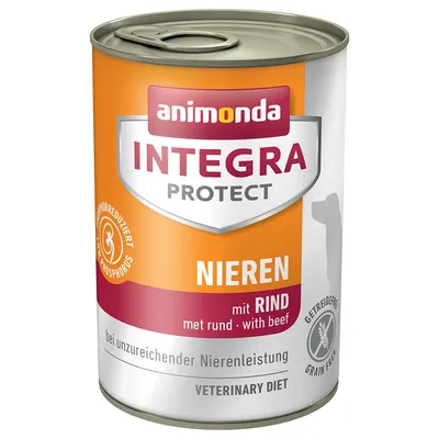 Blik Animonda Integra Protect Nieren, met rund, voor onvoldoende nierfunctie. Fosforgereduceerd, graanvrij. Veterinary Diet. Tekst in Duits en Engels zichtbaar op verpakking.