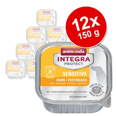 animonda INTEGRA PROTECT SENSITIVE Huhn + Pastinaken, 12x150 g, graanvrij, bij voedselintoleranties, urine-pH 6,5–6,8, veterinary diet. Tekst in Duits en Engels zichtbaar.