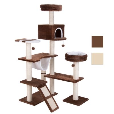 Krabpaal met meerdere plateaus, huisje, hangmat, ligmand en sisalpalen. Zichtbare kleuren: bruin en beige. Speelballetjes hangen aan touwtjes.