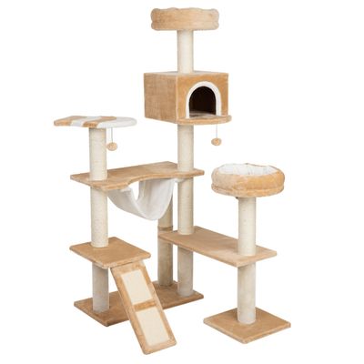 Árbol rascador beige para gatos con varias plataformas, cueva cuadrada, hamaca de tela blanca, dos camas redondas y postes forrados de cuerda. Incluye rampa inclinada con superficie de sisal.