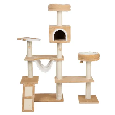 Klatremiljø til katte med flere niveauer, sisalstammer, to runde senge, hule, hængekøje og rampe. Materiale: stof og sisal. Farve: beige og hvid.