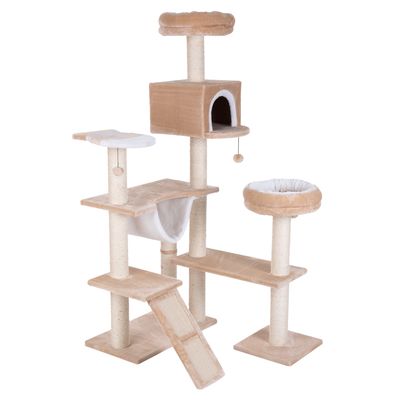 Игровой комплекс для кошек: многоуровневая конструкция с когтеточками, домиком, лежанками, гамаком и лестницей. Материалы: ткань, сизаль.