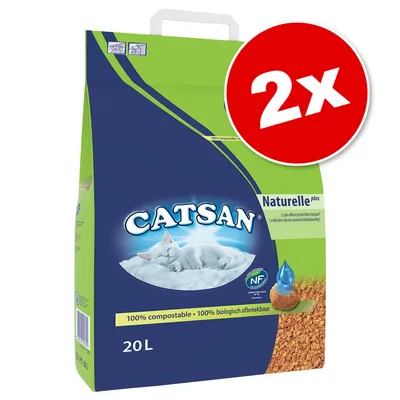 Lot de 2 sacs de litière Catsan Naturelle plus, 20L, texte visible : 100% compostable, NF Environnement, image d’un chat blanc couché.