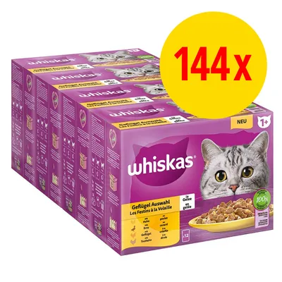 whiskas Geflügel Auswahl in Gelee, 144x Portionsbeutel, ab 1 Jahr, Sorten: Huhn, Ente, Truthahn, Gans. Großpackung mit gelbem Hinweis '144x'.