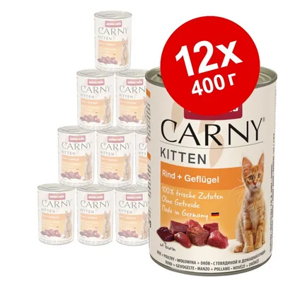 12 консерви по 400 г Animonda Carny Kitten Rind + Geflügel. Видими текстове: 100% frische Zutaten, Ohne Getreide, Made in Germany. Снимка на коте и парчета месо на етикета.