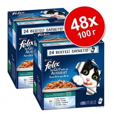 Корм для кошек Purina Felix, 48×100 г, упаковка с надписью '24 Beutel! Sachets!' и изображением блюда с кусочками рыбы в желе. Видны названия рыб: лосось, треска, тунец.