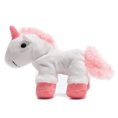 Jouet en peluche en forme de licorne blanche avec crinière, queue, sabot et corne roses. Yeux noirs brodés, matière tissu doux.