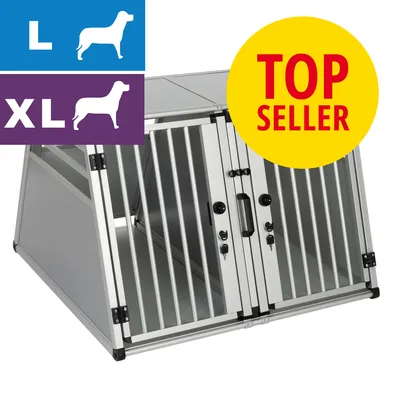 Hundbur i metall med två dörrar, storleksangivelser L och XL samt texten TOP SELLER i gul cirkel.