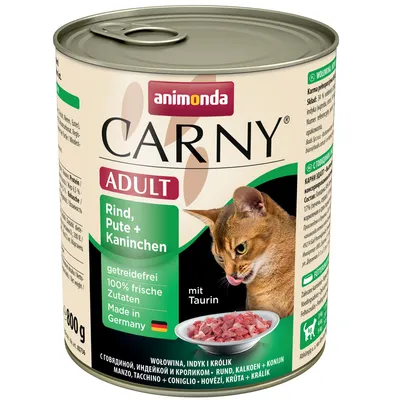 Konzerva animonda Carny Adult Rind, Pute + Kaninchen, 800 g. Text: getreidefrei, 100% frische Zutaten, Made in Germany, mit Taurin. Obrázek masa v misce.