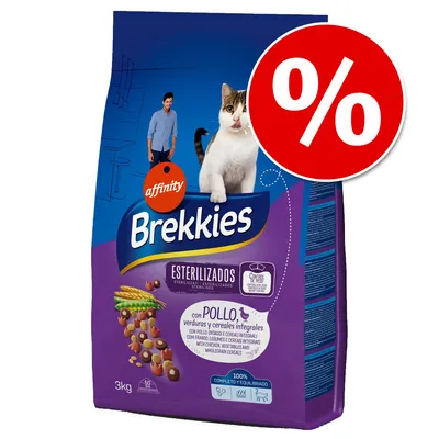 Sac de croquettes pour chats stérilisés Affinity Brekkies, 3 kg, au poulet, légumes et céréales complètes. Texte visible : 'ESTERILIZADOS', '%', 'POLLO'. Offre promotionnelle indiquée.