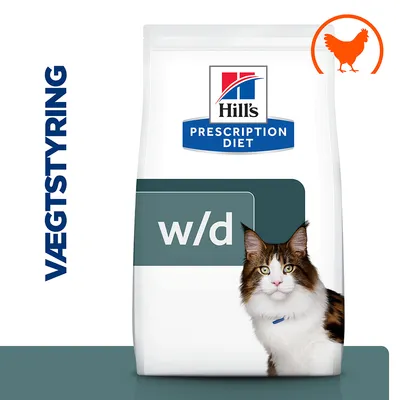 Hill's Prescription Diet w/d kattefoder, VÆGTSTYRING, billede af kat og orange kyllingesymbol på posen