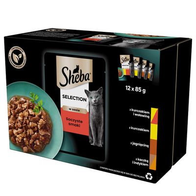 Sheba Selection w sosie, 12 x 85 g. Warianty: z kurczakiem i wołowiną, z kurczakiem, z jagnięciną, z kaczką i indykiem. Opakowanie przedstawia tackę z kawałkami mięsa.