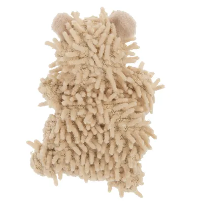Jouet pour animal en tissu beige, forme d’animal stylisé avec oreilles rondes et surface à franges épaisses.