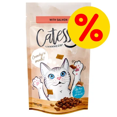 Catessy YUMMMMEOW! Crunchy’n’smooth! With salmon, mindre end 2 kcal per snack, 65 g. Gul cirkel med rødt procenttegn øverst til højre. Catessy YUMMMMEOW! Crunchy’n’smooth! With salmon, mindre end 2 kcal per snack, 65 g. Gul cirkel med rødt procenttegn øverst til højre.