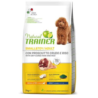 Sac de croquettes Natural Trainer Small & Toy/Adult, prosciutto crudo et riz, 7 kg. Sans colorants, conservateurs ni sucres ajoutés. Pour chiens adultes de petite taille. Marque visible.