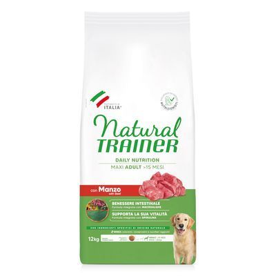Zak Natural Trainer Daily Nutrition Maxi Adult >15 Mesi met rund, 12 kg. Tekst: Benessere intestinale, supporta la sua vitalità. Afbeelding van hond en stukjes rundvlees.