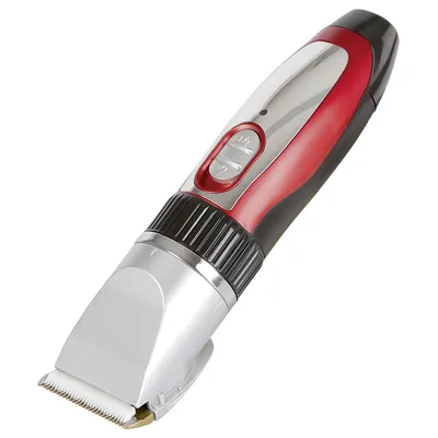 Tosatrice elettrica per animali con design rosso e argento, due interruttori per le impostazioni visibili.