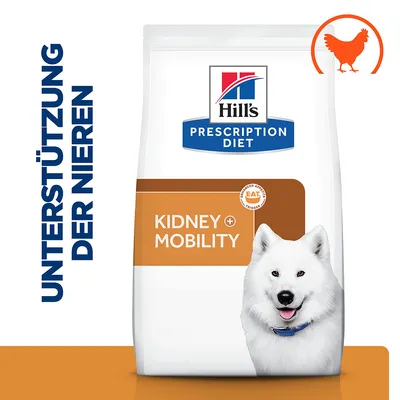 Hill's Prescription Diet Kidney + Mobility Hundefutter mit Unterstützung der Nieren, Geschmacksrichtung Huhn. Hill's Prescription Diet Kidney + Mobility Hundefutter mit Unterstützung der Nieren, Geschmacksrichtung Huhn.