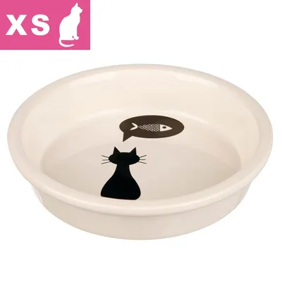 Katteskål i keramik med sort kat og taleboble med fiskemotiv. XS-størrelse angivet øverst til venstre med hvid kat på pink baggrund. Katteskål i keramik med sort kat og taleboble med fiskemotiv. XS-størrelse angivet øverst til venstre med hvid kat på pink baggrund.