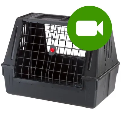 Przenośny transporter z czarnego plastiku i metalową kratą, widoczny czerwony zatrzask. Zielona ikona kamery w prawym górnym rogu obrazu.