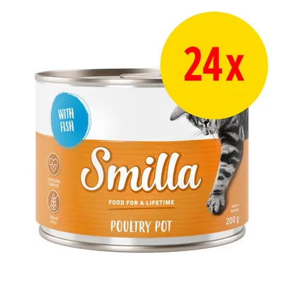 Smilla Poultry Pot våtfoder för katt, 200 g burk med texten 'with fish', 'contains taurine', 'grain-free', stor gul cirkel med röd text '24x' på framsidan.