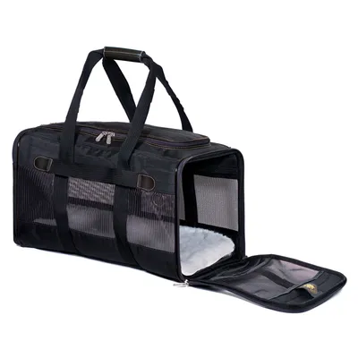 Sac de transport noir en tissu avec poignées, ouvert sur le devant, parois latérales et porte en maille filet, coussin blanc à l’intérieur, fermeture éclair visible.