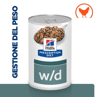 Scatola di Hill's Prescription Diet w/d con scritta 'Gestione del peso' e simbolo arancione di pollo. Etichetta visibile: Hill's Prescription Diet w/d.