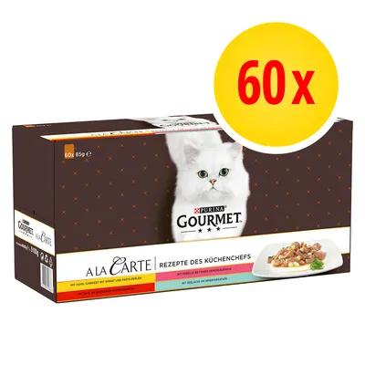 Caja de comida para gatos Purina Gourmet A la Carte, 60 sobres de 85 g. Texto visible: 'Rezepte des Küchenchefs'. Imagen de un gato blanco y plato con comida.
