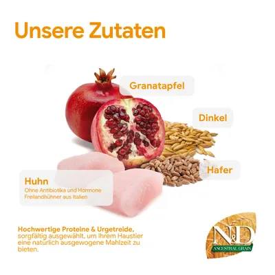 Unsere Zutaten: Granatapfel, Dinkel, Hafer, Huhn ohne Antibiotika und Hormone. Hochwertige Proteine & Urgetreide für eine ausgewogene Mahlzeit. N&D Ancestral Grain.