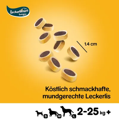 Leckerbissen Tasty Minis, falatnyi jutalomfalatok 1,4 cm méretben. 2-25 kg közötti kutyáknak, S, M és L méretben.