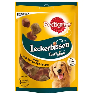 Pedigree Leckerbissen Tasty Minis, kuřecí a kachní příchuť, méně než 12 kcal, s omega 3 a vitaminem E, bez umělých aromat.