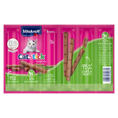 Vitakraft CatStick healthy, 6 Sticks, Rezept ohne Zucker und Getreide, 95% extra fleischig, mit Huhn und Katzengras.