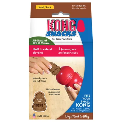 KONG SNACKS pour chiens, recette au foie, 100 % naturel, à fourrer pour prolonger le jeu, format Small, naturellement savoureux et nourrissant, poids net 198 g. Convient aux jouets KONG Small. KONG SNACKS pour chiens, recette au foie, 100 % naturel, à fourrer pour prolonger le jeu, format Small, naturellement savoureux et nourrissant, poids net 198 g. Convient aux jouets KONG Small.