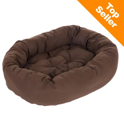 Braunes, ovales gepolstertes Bett mit orangefarbenem Banner 'Top Seller' in der Ecke.