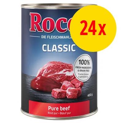 Rocco Classic Pure beef, 400 g dåse med teksten '100% fresh ingredients & grain-free'. Stor gul cirkel med rød tekst: 24x. Billede af oksekød på etiketten.