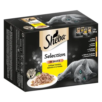 Sheba Selection in Sauce, 12 x 85g. Visible text: Geflügel Variation, Sélection à la Volaille, mit Ente au Canard, mit Huhn au Poulet, mit Geflügel à la Volaille, mit Ente & Truthahn au Canard & Dinde.